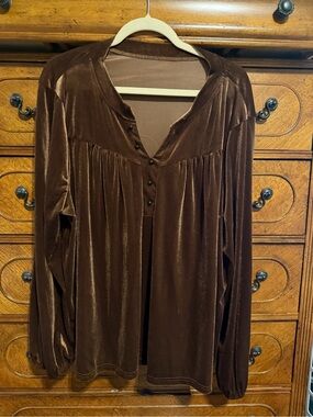 SHEIN Brown Velvet Button-Front Long Sleeve Blouse